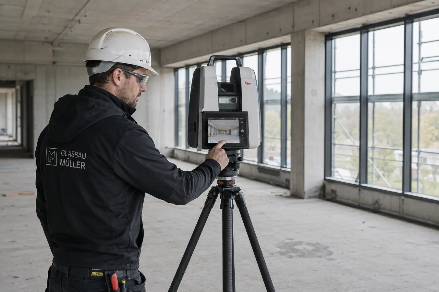 Glaser nutzt ein digitales Aufmaßgerät auf einer Baustelle für präzise Messungen.