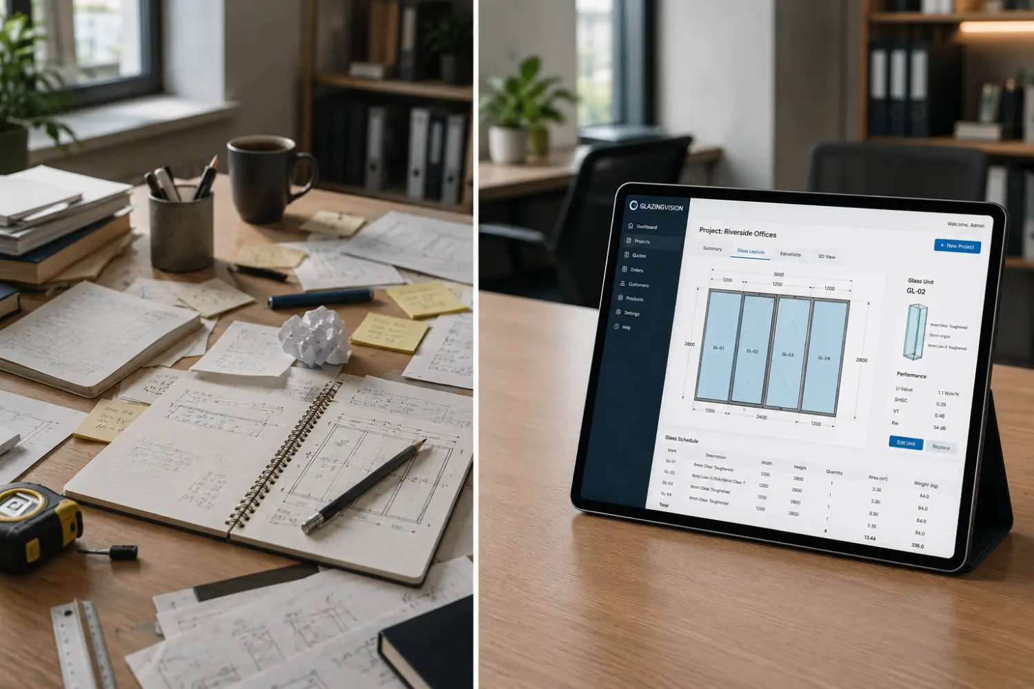 Glaserei-Software auf einem Tablet-Bildschirm, die den Workflow von Aufmaß bis Rechnung optimiert.