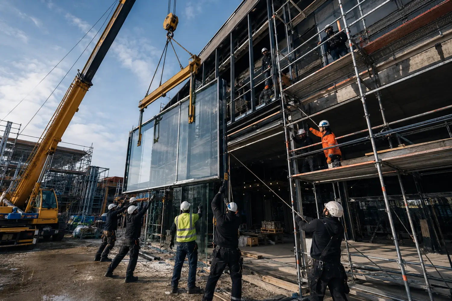 Glaser, Schreiner und Metallbauer besprechen auf einer Baustelle gemeinsam einen Bauplan.