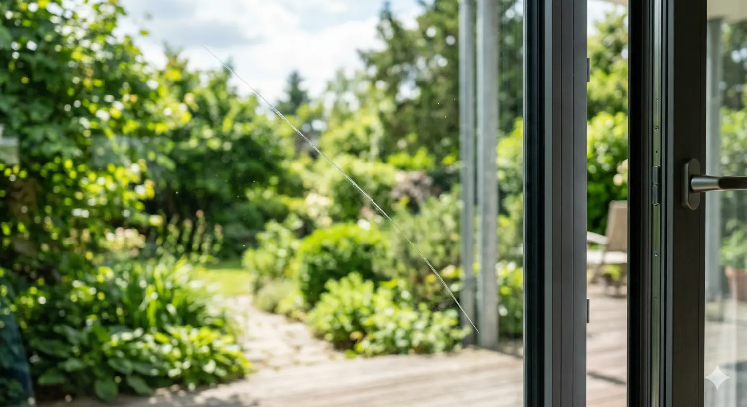 Nahaufnahme eines tiefen Kratzers in einer Fensterscheibe bei Tageslicht