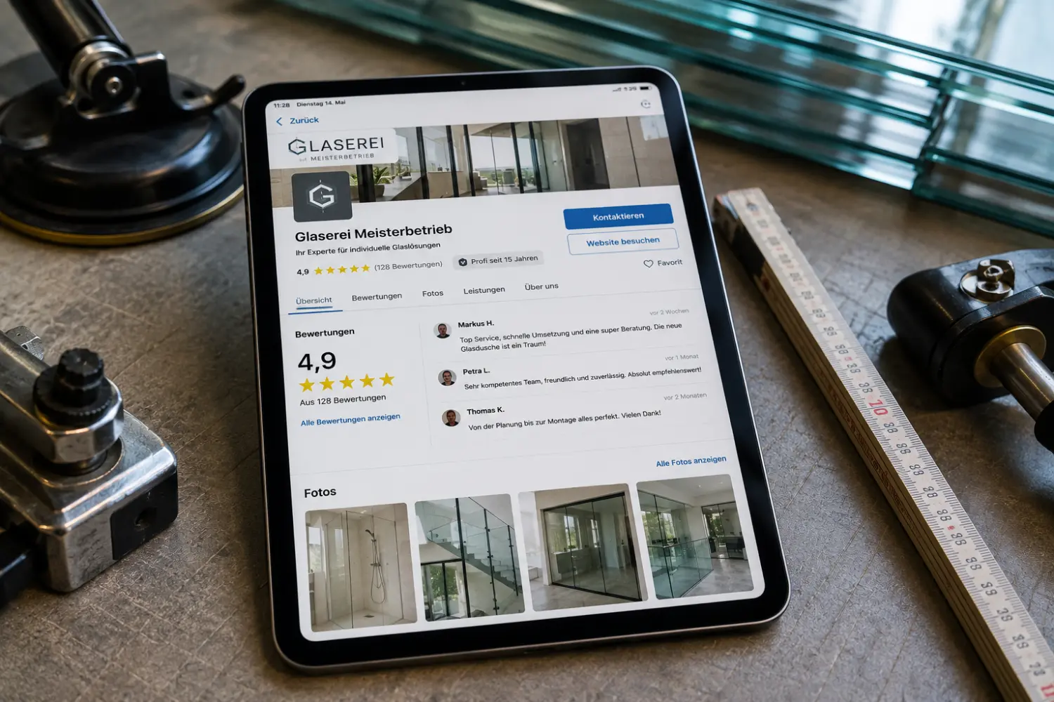 Glaser liest positive Kundenbewertungen auf einem Tablet und steigert so seinen Umsatz.