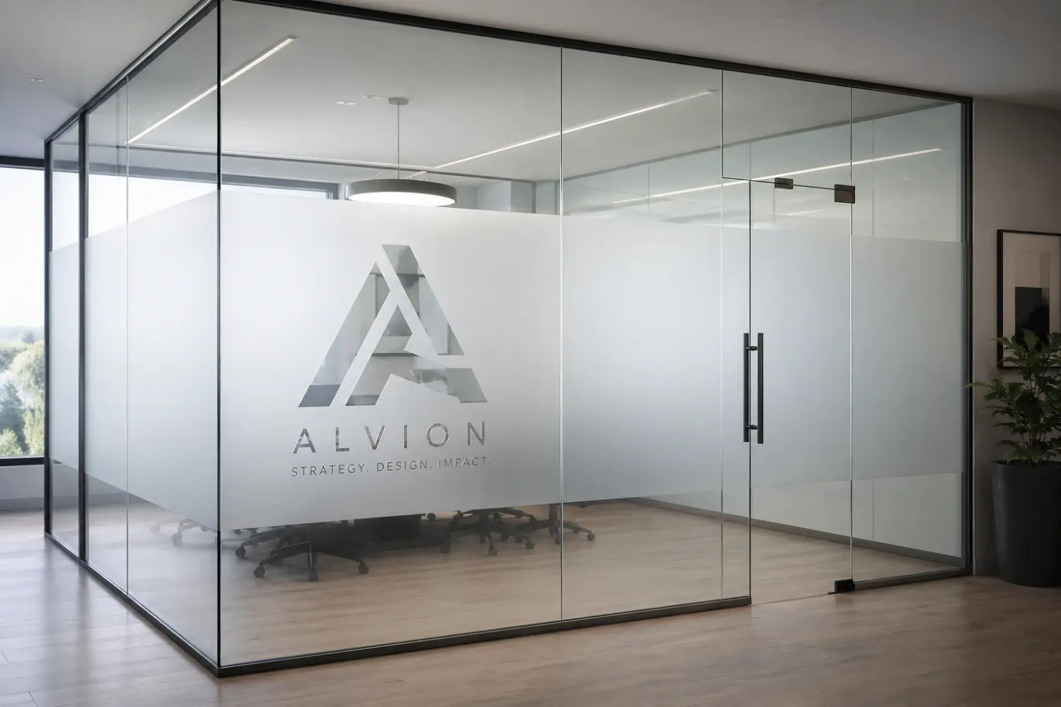 Moderne Glastrennwand mit sandgestrahltem Motiv in einem hellen Büro.