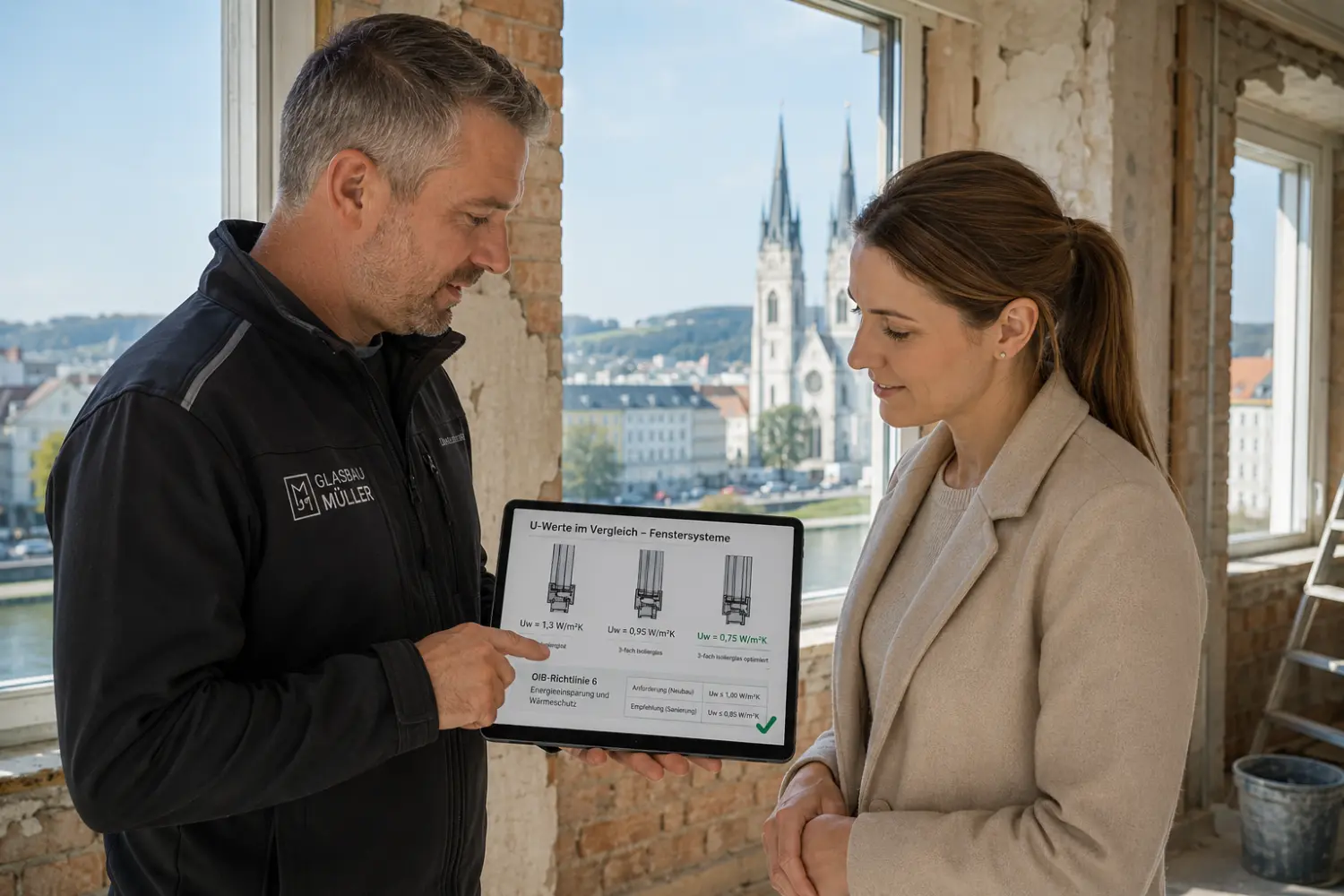 Glaser montiert ein modernes Dreifach-Isolierglasfenster in einer Altbauwand