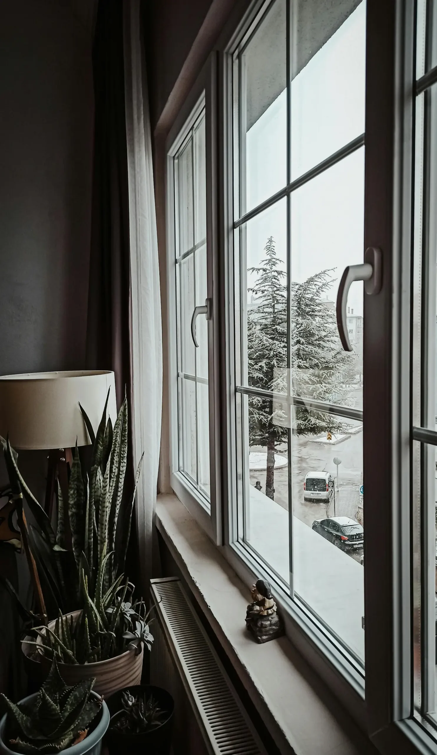 Großes, sauberes Fenster mit selbstreinigendem Glas, das den Blick in einen grünen Garten freigibt.