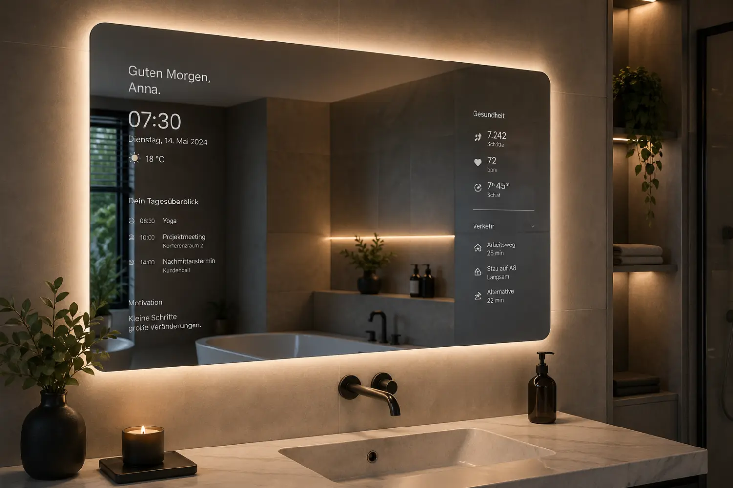 Moderner Smart Mirror in einem stilvollen Badezimmer zeigt Wetter und Termine an.